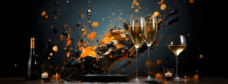 Composition with two glasses of champagne and splashes on dark backgroundの素材