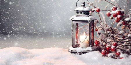 Lantern with red berries in the snow. Christmas background.の素材