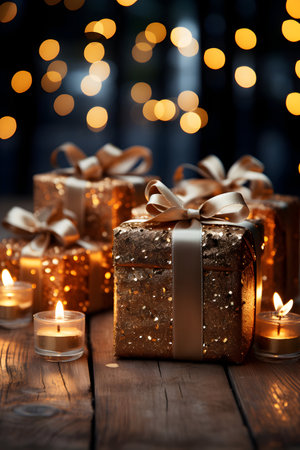 Gift boxes with ribbons and candles on bokeh backgroundの素材