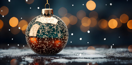 Christmas bauble with snow and bokeh background 3D renderingの素材