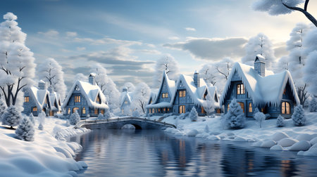 Winter landscape with houses and bridge over the river. 3d renderの素材