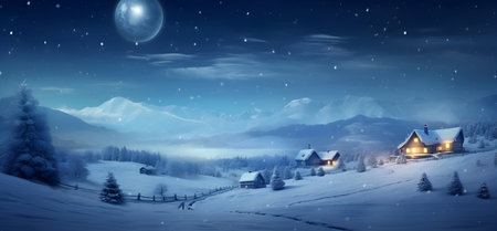 Winter village at night with moon and stars, panoramic viewの素材