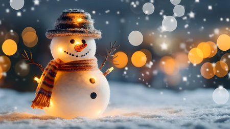Snowman on snow with bokeh background. Christmas and New Year concept.の素材