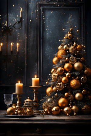 Christmas tree with golden baubles and candles over dark background.の素材