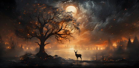 Fantasy landscape with big tree, deer and moon. 3d illustrationの素材