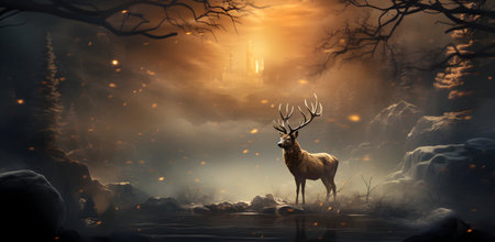 Fantasy landscape with deer in the forest. 3D illustrations.の素材