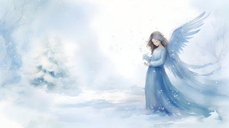 Illustration of a beautiful young angel on a winter background with snowの素材