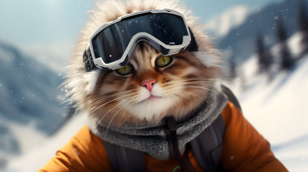 Portrait of a cat in winter clothes and ski goggles on the background of mountainsの素材