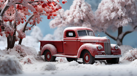 Vintage car covered with snow in winter forest. 3d illustrationの素材