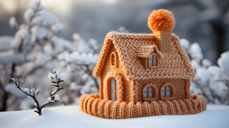 Beautiful handmade knitted house in the winter forest. Christmas concept.の素材