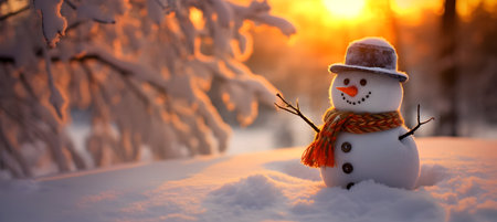 Funny snowman with scarf and hat in snowy forest at sunsetの素材