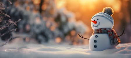 Funny snowman in winter forest at sunset. Christmas background.の素材