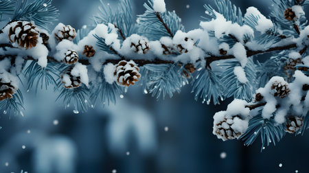 Snow on the branches of a pine tree. Winter background. Christmas card.の素材