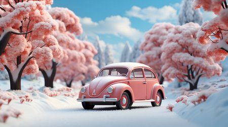Retro car in the winter forest. 3d render illustration.の素材