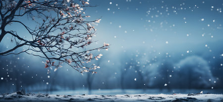 Winter landscape with snowfall and falling snowflakes. Winter backgroundの素材