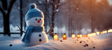 Snowman with lantern and candle in winter forest. Christmas background.の素材