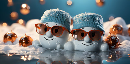 Christmas snowmen in hats and glasses on a blue background. 3d renderingの素材