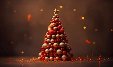 Christmas tree made of red and gold balls and tinsel on a dark backgroundの素材