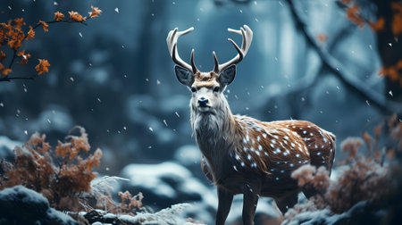 Fawn in the forest during the snowfall. 3d renderingの素材