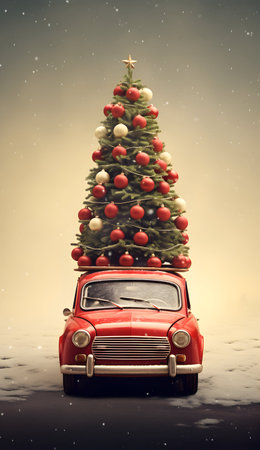 Vintage car with christmas tree on roof. Christmas background.の素材
