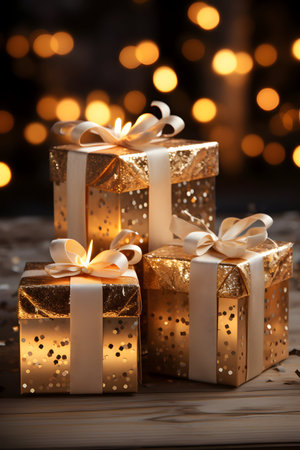 Gift boxes with ribbons on wooden background with bokeh lightsの素材