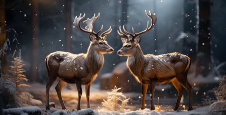 Two deer in the winter forest. 3d rendering. Computer digital drawing.の素材