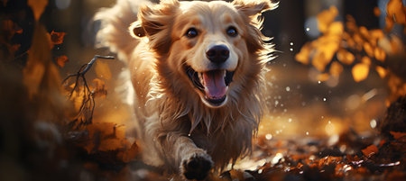 Golden Retriever in the autumn forest. Beautiful golden retriever portrait.の素材
