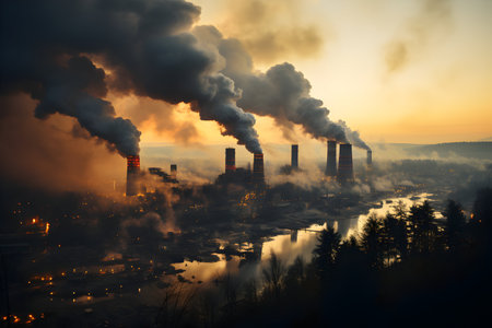 Photo pour Industrial landscape with smoke from chimneys of power plant at sunset - image libre de droit