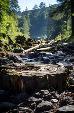 Wooden stump in the forest. Landscape with a river and treesの素材