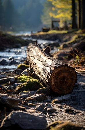 Wooden log on the bank of a mountain river in autumn.の素材