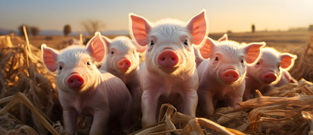Group of piglets in a cornfield at sunset. Selective focus.の素材