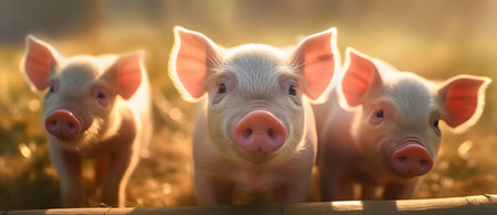 Piglets on the farm in the light of the setting sunの素材