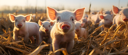 Cute little piglets in the farm on a sunny day.の素材
