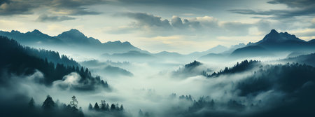 Foggy morning in the mountains. Panoramic landscape.の素材