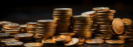 Golden coins stack on dark background. Business and financial success concept.の素材