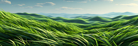 Green grass field with mountains in the background. 3D illustrations.の素材