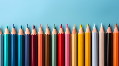 Colorful pencils on blue background, top view with copy spaceの素材