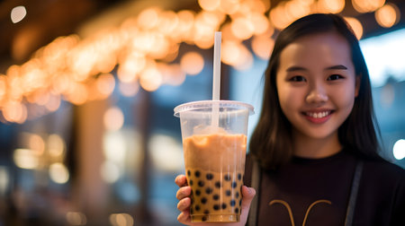 Asian woman holding a glass of iced milk tea with bokeh backgroundの素材
