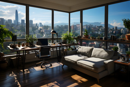 Luxury living room with view of the city and skyscrapersの素材