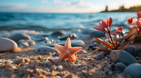 Starfish and flowers on the seashore at sunset. Selective focus.の素材