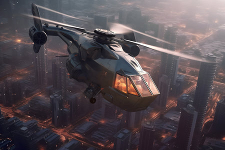 Military helicopter flying over the city at night. 3D Renderingの素材