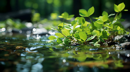 Green leaves on the water surface in the forest. Shallow depth of fieldの素材