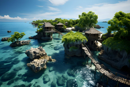 Tropical island in the sea with wooden bridge and bungalowsの素材