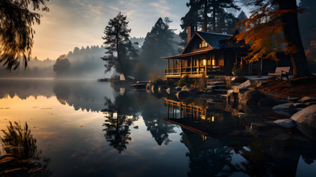 Beautiful autumn landscape with lake and wooden house in the forest.の素材