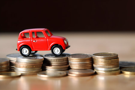 Miniature red car on coins stack with copy space. Saving money concept.の素材