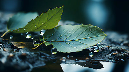 Green leaves and water drops on a dark background. Selective focus.の素材
