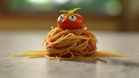Funny tomato with spaghetti on kitchen table, closeup. Food conceptの素材