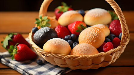 Basket with tasty buns and berries on wooden table, closeupの素材