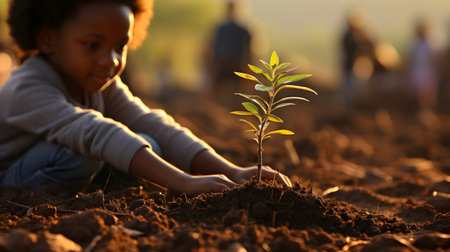 Little african american boy planting tree in field, closeupの素材
