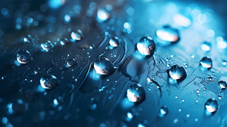 Water drops on a blue background close-up macro photography with shallow DOFの素材